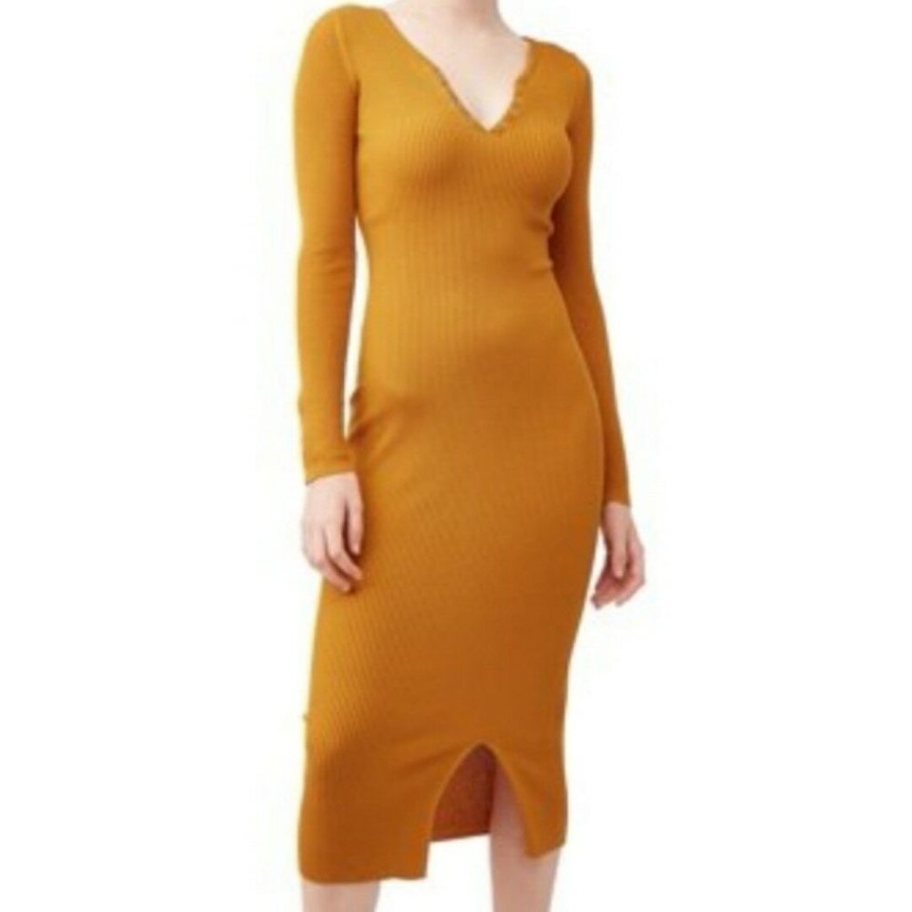 Dereka Yellow Gold Ribbed Long Sleeve Petite Sweater Dress